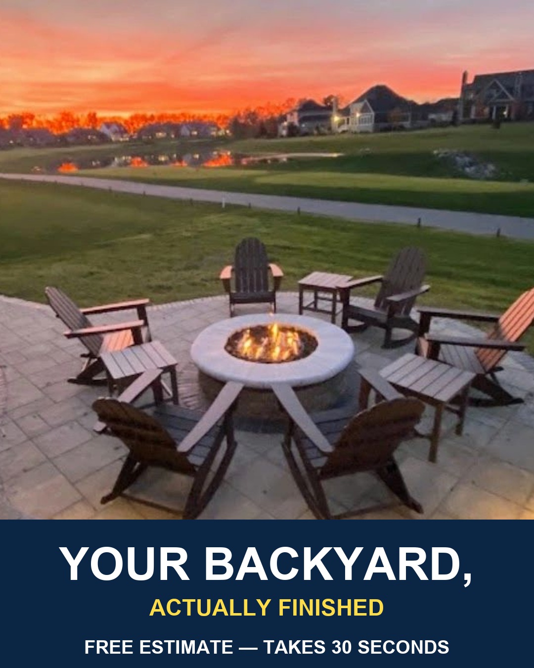 Fire pit patio at sunset by LA Landscapes Inc